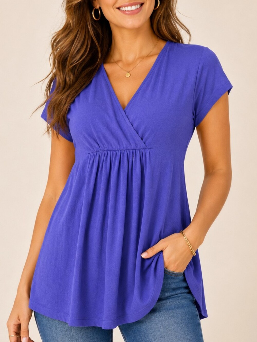 Sylvie & Mado Purple Empire Waist Tunic Top Cap Sleeve V-Neck Women's Size M Y2K
